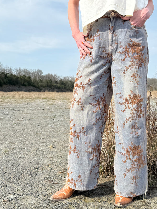 Vintage Wash Floral Jacquard Wide Leg Denim Pants