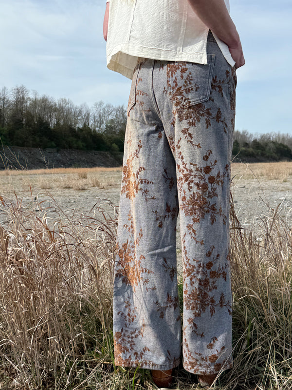 Vintage Wash Floral Jacquard Wide Leg Denim Pants