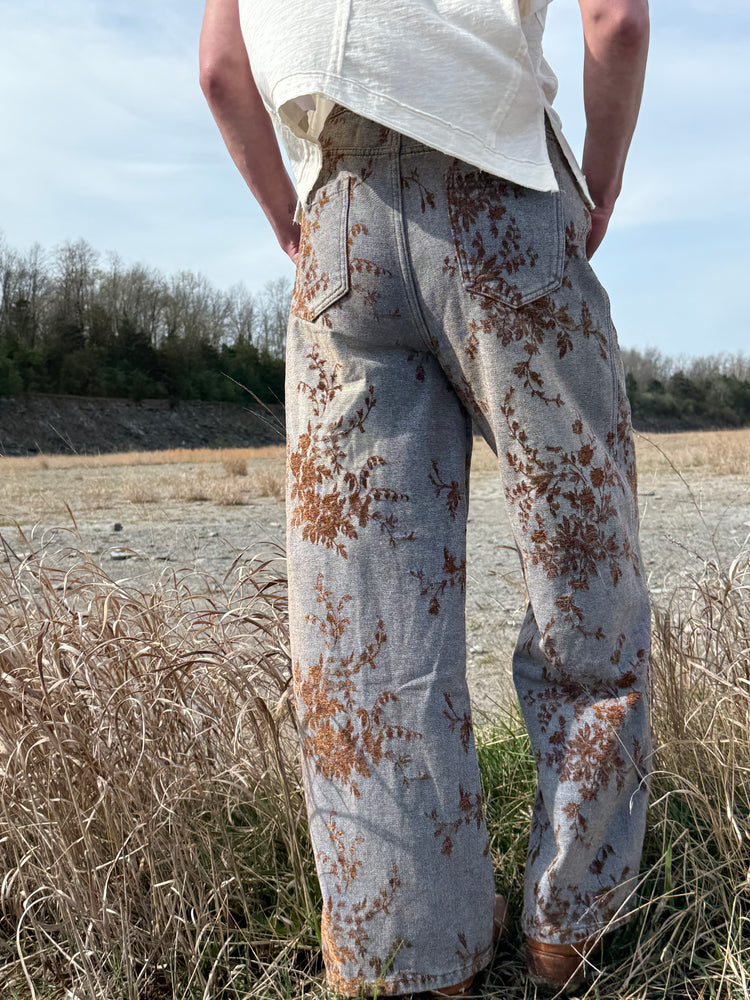 Vintage Wash Floral Jacquard Wide Leg Denim Pants