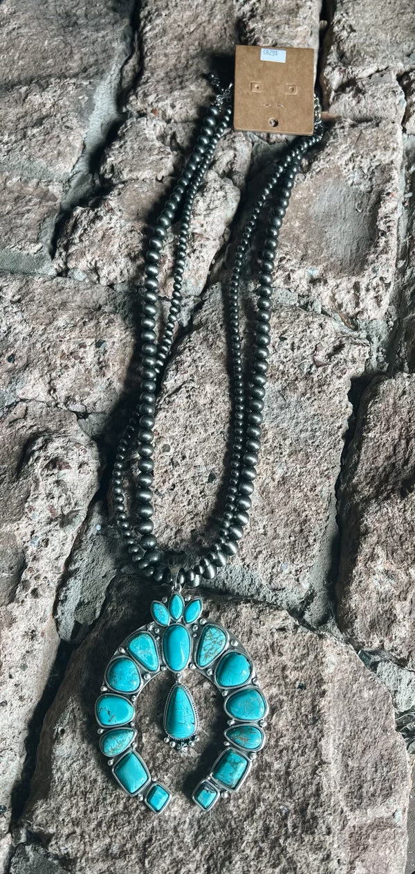 30” Long Necklace with Turquoise Squash Blossom Pendant- 01
