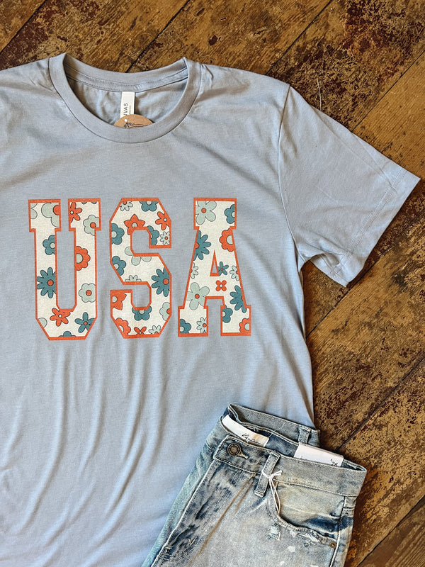 USA Floral Graphic Tee- Heather Blue