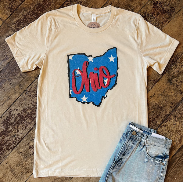 Ohio Red Blue and White Stars Graphic Tee- Natural