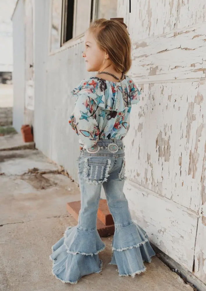 Little Girls Ruffle Denim Bell-bottom Jeans