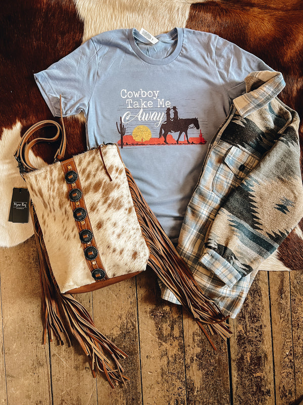 Cowboy Take Me Away Graphic Tee- Heather Blue